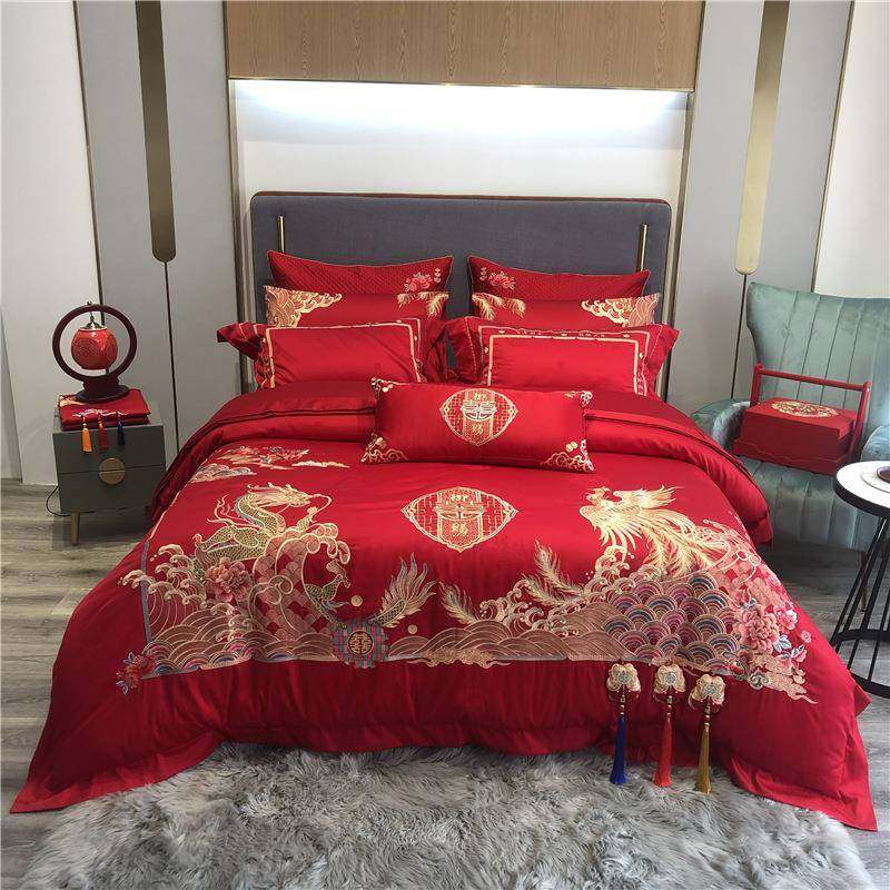 龙凤中式婚庆丨100支贡缎提花重工刺绣四件套多件套大红色结婚