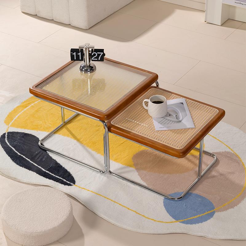 复古原木家用藤编茶几法式简约现代小户型边几客厅方形玻璃黑色桌