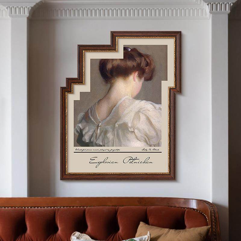 现代法式复古客厅装饰画欧式中古风餐厅卧室玄关柜实木异形框挂画