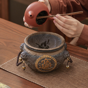 陶瓷茶洗缸废水缸带盖轻奢高端禅意风茶渣缸水盂建水桌面茶台粗陶