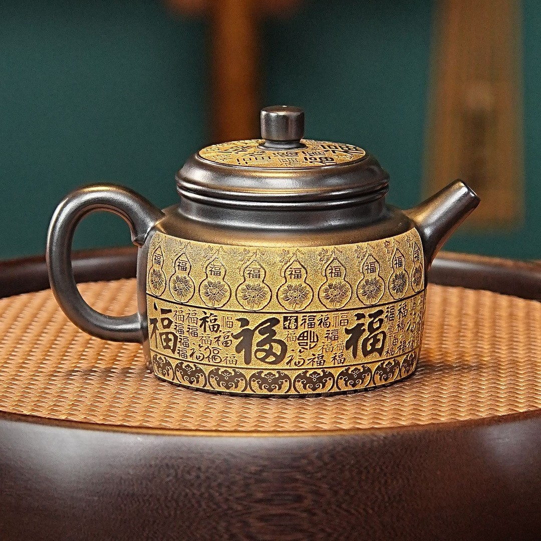 宜兴手工紫砂泡茶壶手工壶原矿紫砂石黄泥料刻绘百福德钟紫砂壶