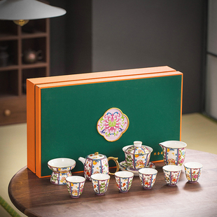 高档聚财六方盖碗茶具套装德化白瓷泡茶壶珐琅彩描金功夫茶具礼盒