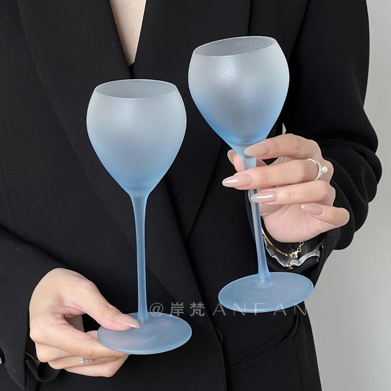 岸梵 ins磨砂渐变蓝山海于梦高脚杯创意红酒杯子女高颜值香槟酒杯