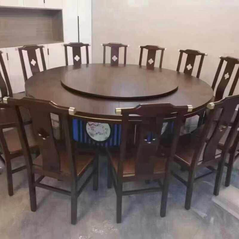 新中式大圆桌酒店餐厅会所实木电动餐桌椅定做电磁炉火锅15人20人