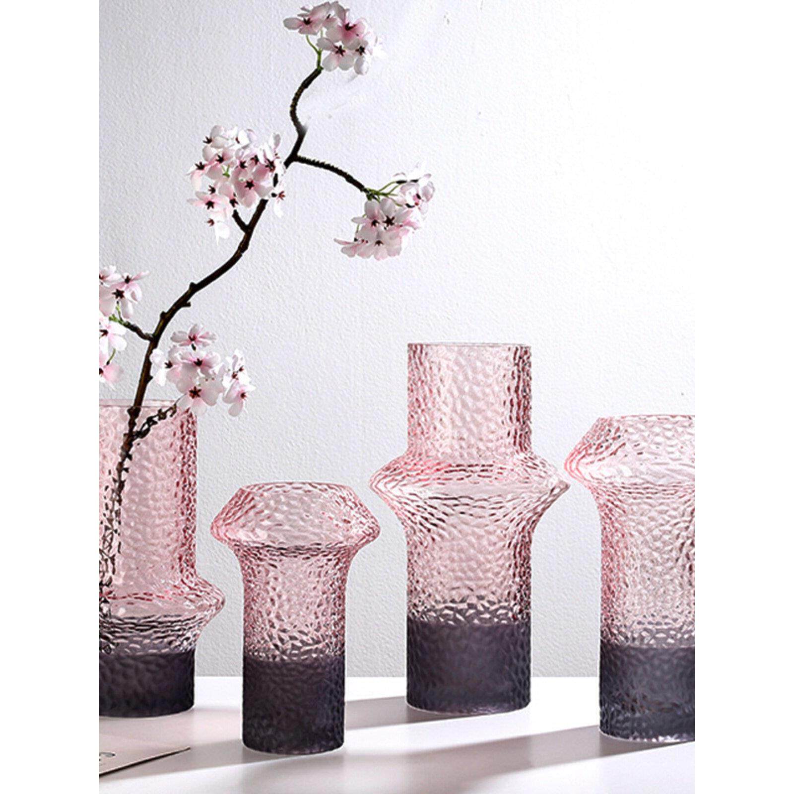 粉色直筒大口径玻璃花瓶轻奢磨砂渐变高级感摆件客厅水养鲜花插花