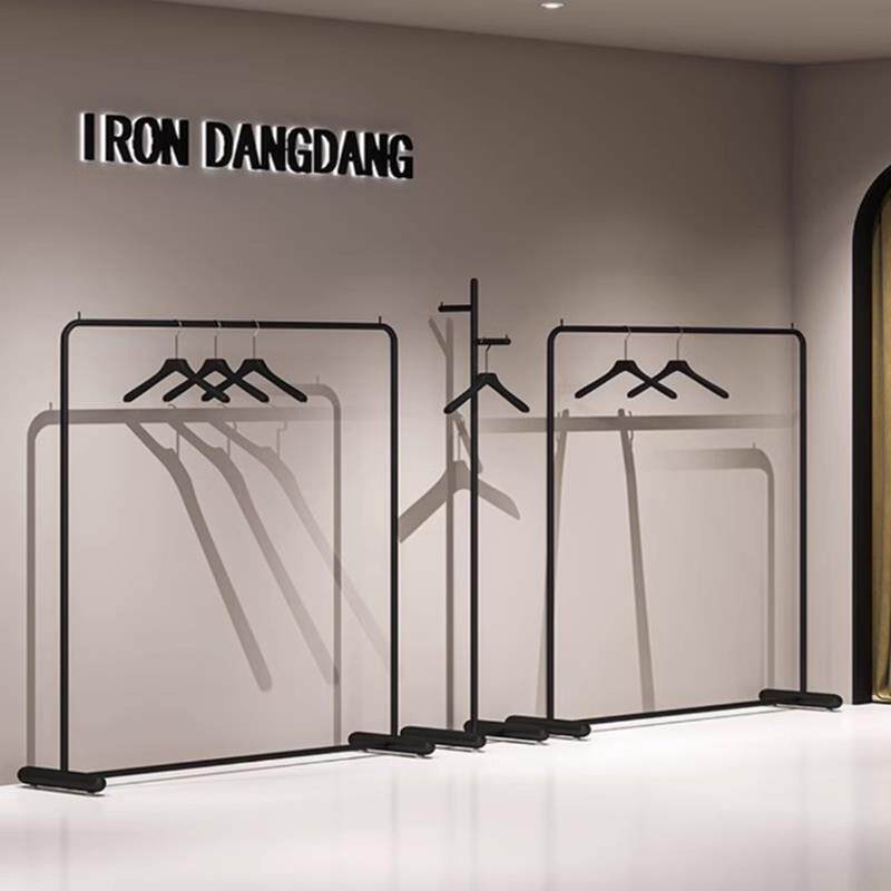 服装店货架简约铁艺黑色落地挂衣架童装陈列架奶白色女装店展示架