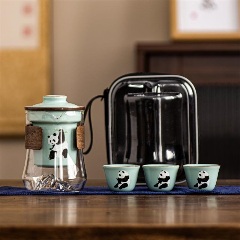 熊猫便携式包旅行茶具套装汝窑快客杯一壶三杯户外泡茶露营装备