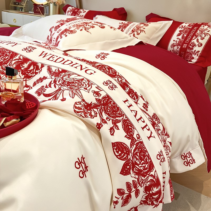 轻奢结婚四件套中式印花高级感红色被套喜庆新婚婚庆陪嫁床上用品
