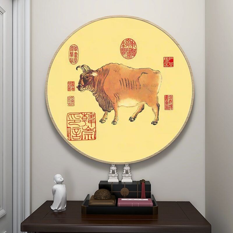 新中式五牛图圆形玄关装饰画国画扭转乾坤客厅办公室挂画餐厅壁画图片