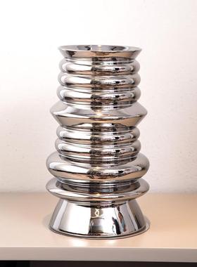 创意异形银色花器陶瓷电镀银色圆形花器摆件样板房酒店饰品