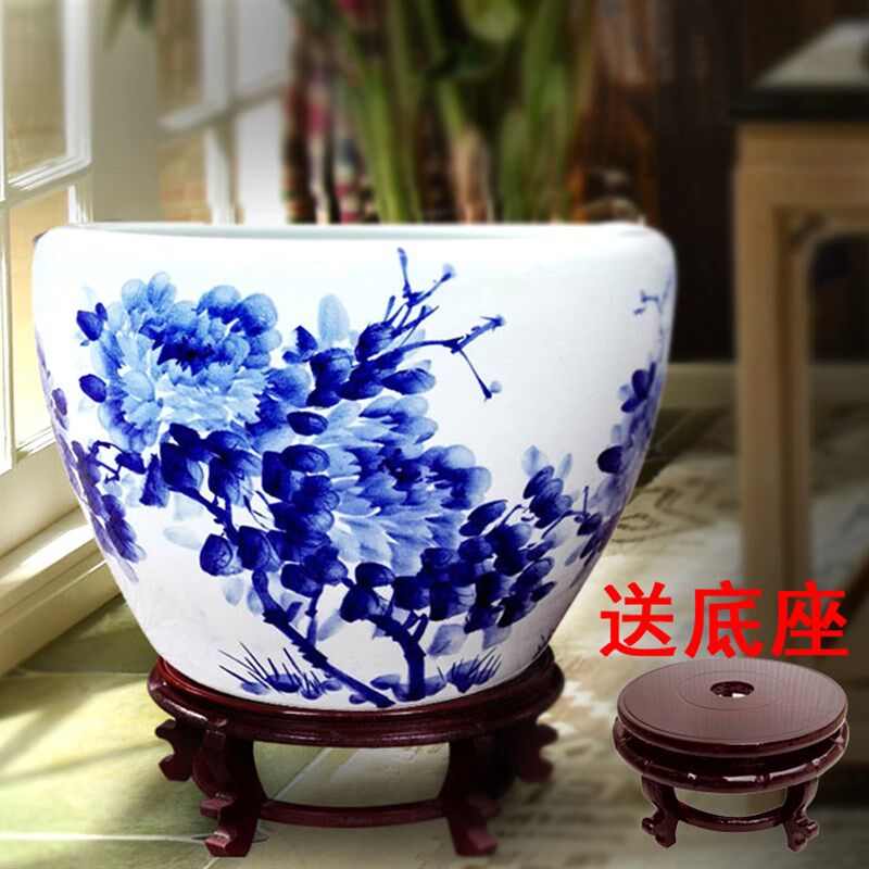 包邮景德镇陶瓷鱼缸养龟盆手绘青花瓷牡丹睡莲盆荷花书画缸画缸