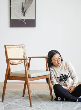艾思伦北欧白蜡木实手木编藤餐餐厅家用C603现代约餐椅椅扶靠背简