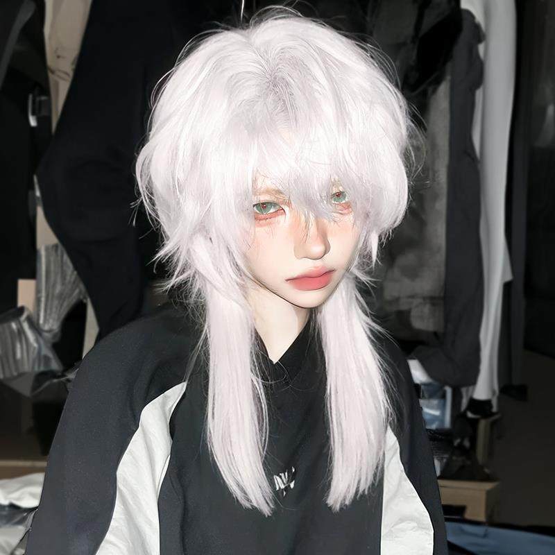 白色狼尾鲻鱼头假发男生女款短发日系cos武士头仿真男士全头套式