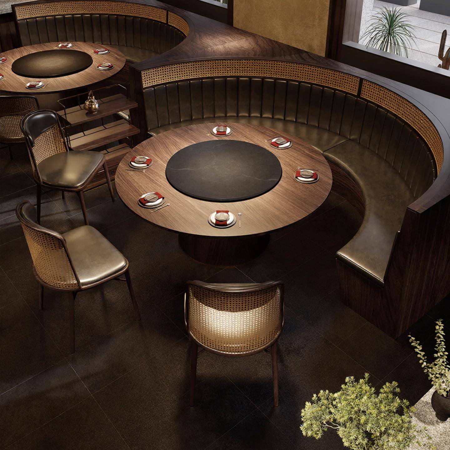 山野风实木藤编卡座沙发火锅店桌椅定制组合茶楼饭店餐厅餐饮商用