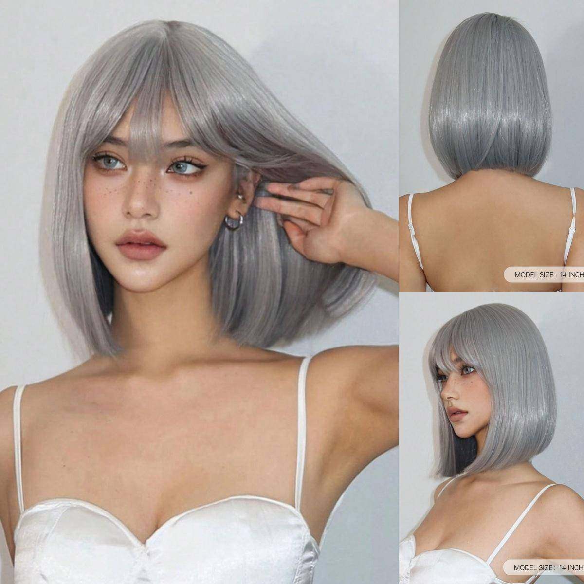 银色假发女齐刘海短发银灰色时尚新款机械感欧美风cos一刀切头套
