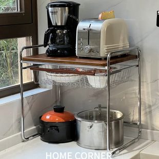 厨房多功能微波炉置物架家用双层收纳中古风小型碗架餐具台面碗柜
