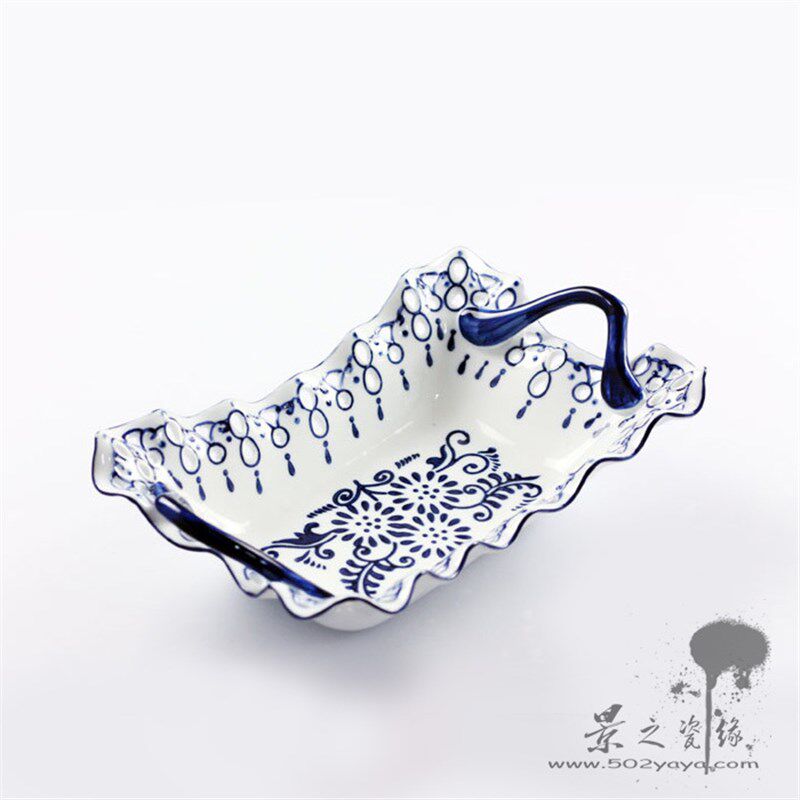 包邮景德镇陶瓷器清青花瓷果盘手工雕刻新中式北欧糕点糖手绘水果