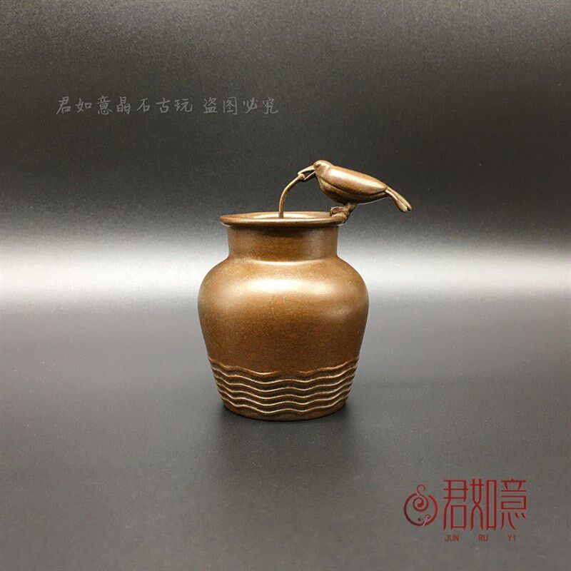 实心铜乌鸦喝水小摆件 铜罐子小鸟创意小铜件意境茶宠铜瓶子礼物