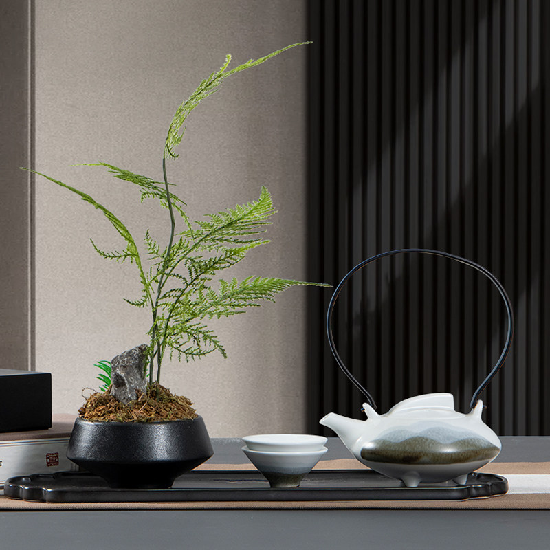 仿真文竹植物花艺绿植盆栽中国风禅意新中式茶道茶室茶桌茶具摆件