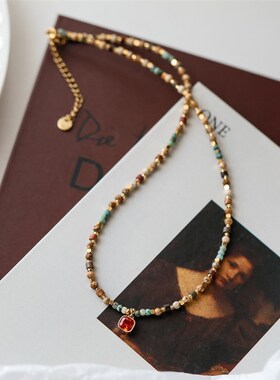 高品质~新款复古小众高级红色方糖吊坠气质天然石串珠项链锁骨链