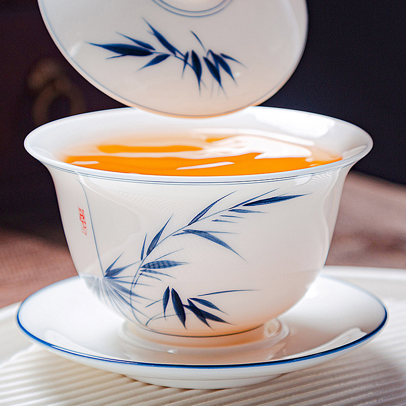 悬停三才盖碗茶杯单个大号手绘羊脂玉白瓷茶具陶瓷敬茶碗茶杯防烫