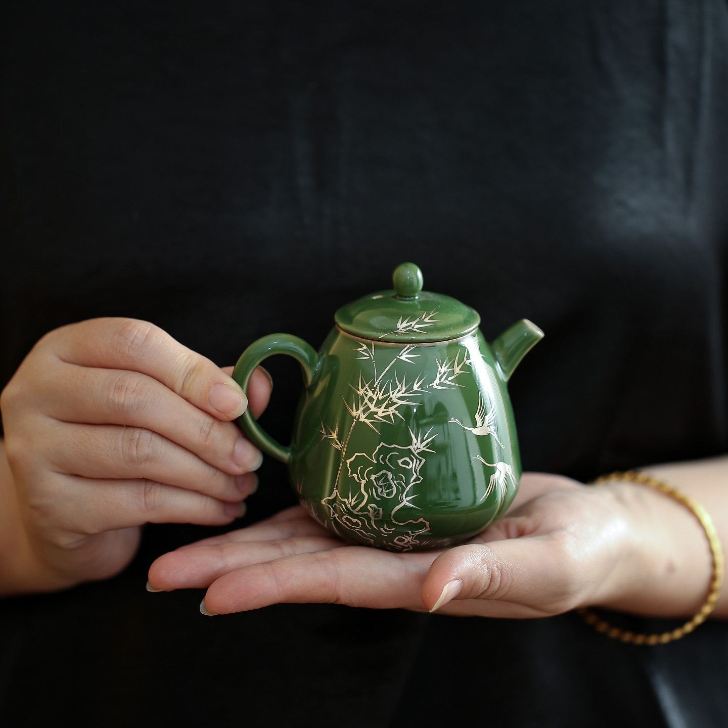 皓澜庭手绘鎏银竹鹤茶壶陶瓷茶器