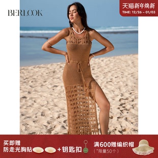 BERLOOK复古系列棕色镂空露背流苏比基尼泳衣外搭罩衫 连衣裙沙滩