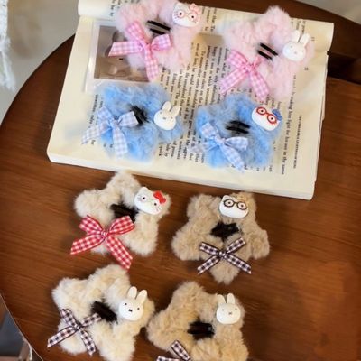 秋冬甜美猫咪格子蝴蝶结发夹少女可爱毛绒星星刘海BB夹侧边发卡子