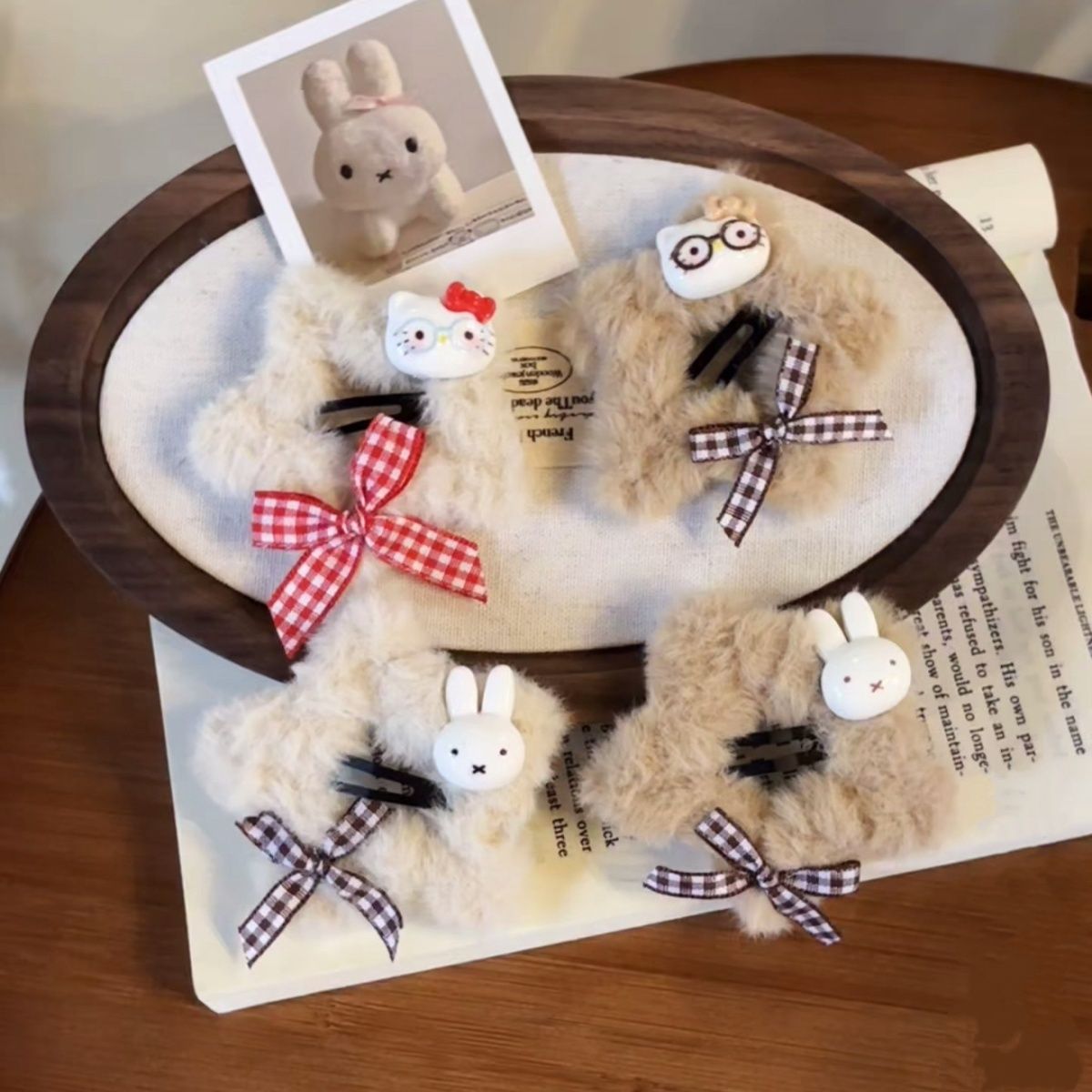 秋冬甜美猫咪格子蝴蝶结发夹少女可爱毛绒星星刘海BB夹侧边发卡子