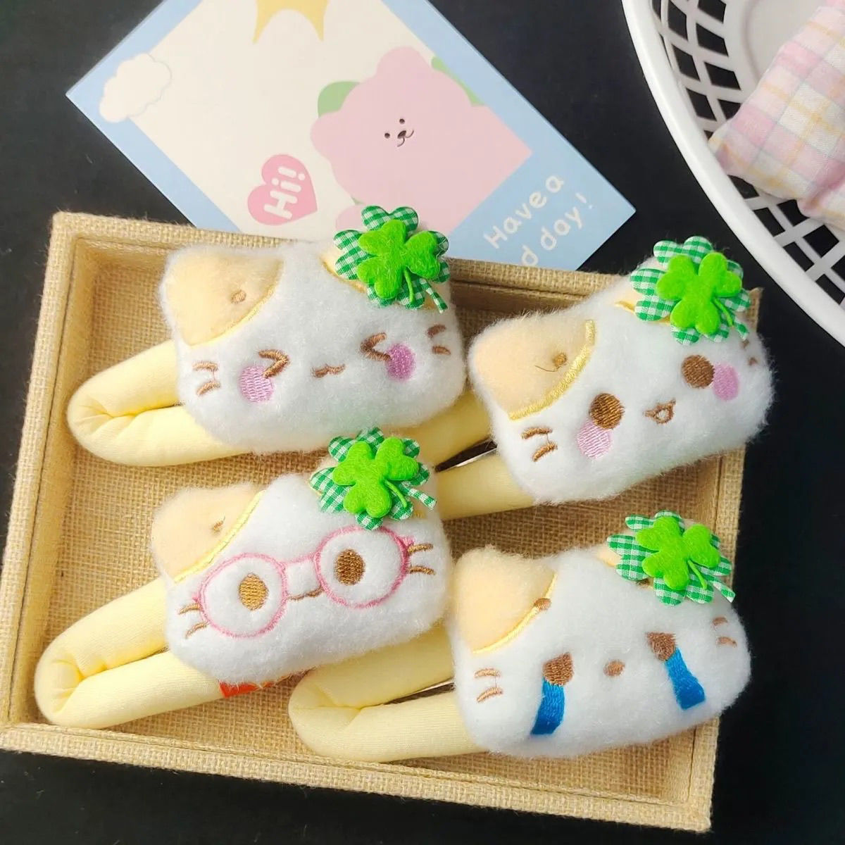 四叶草幸运小猫泡泡棉大号BB夹女前额侧边夹卡通表情包猫咪发卡
