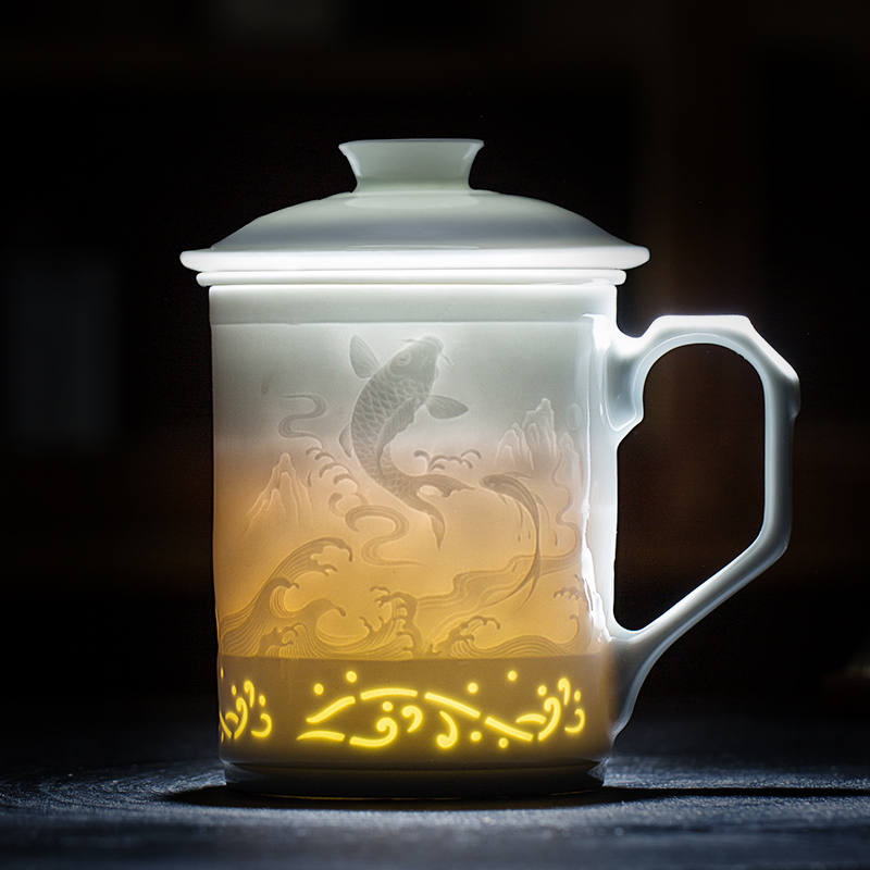 玲珑陶瓷茶杯茶水分离办公杯