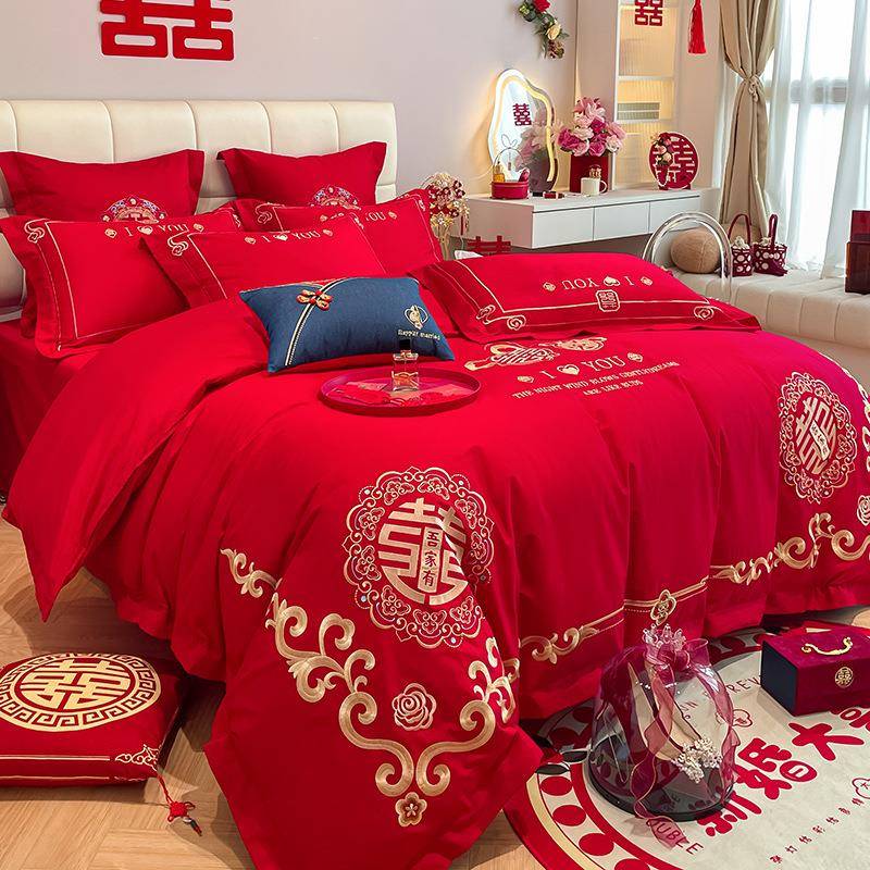 新款婚庆四件套轻奢全棉大红色被套高端刺绣床单床笠式婚庆六件套