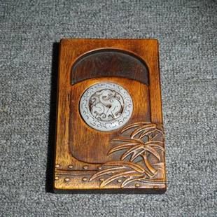 仿古做旧中式 花梨木镶嵌龙币砚台摆件仿古做旧实木托盘摆件收藏