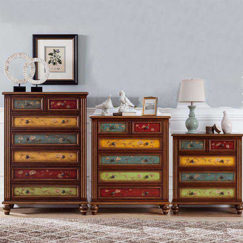 W7美式斗柜实木欧式玄关柜五斗床头柜抽屉柜收纳整理柜子蓝色彩绘