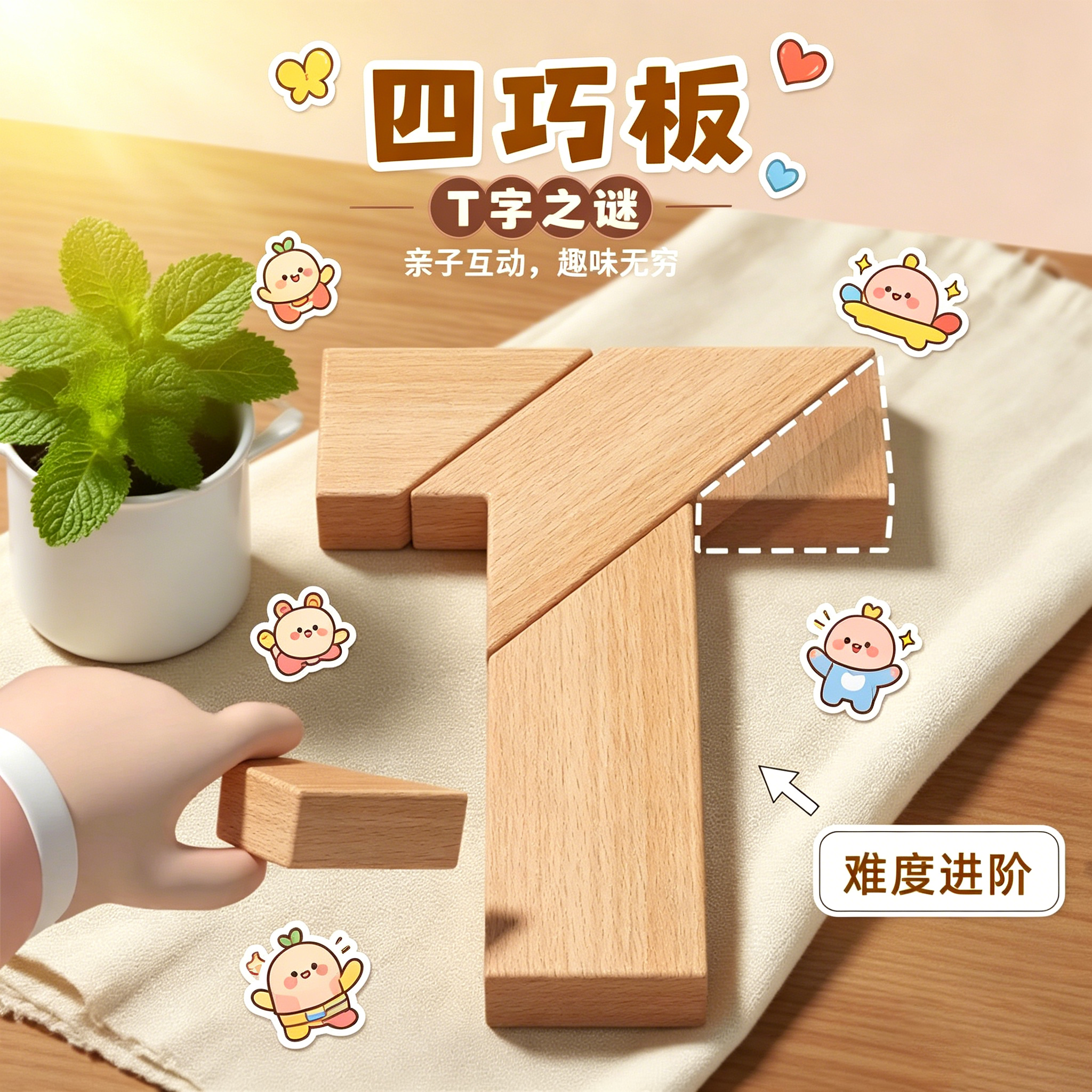 原木长条T字之谜四巧板益智拼图
