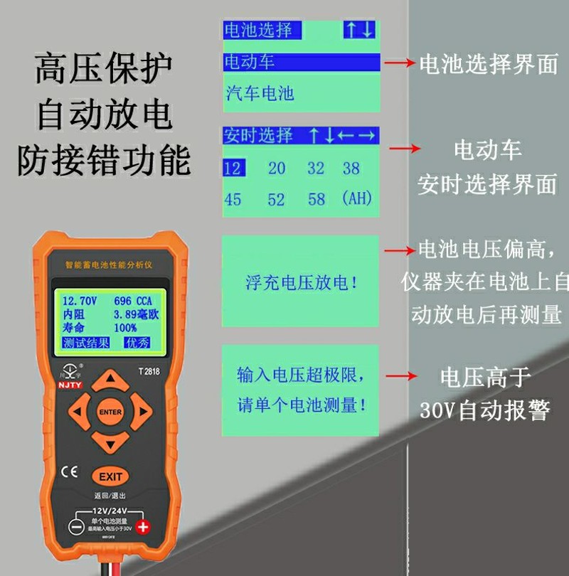 川宇12/24V蓄电池测试仪汽车电瓶超威天能电动车容量寿命内阻检测