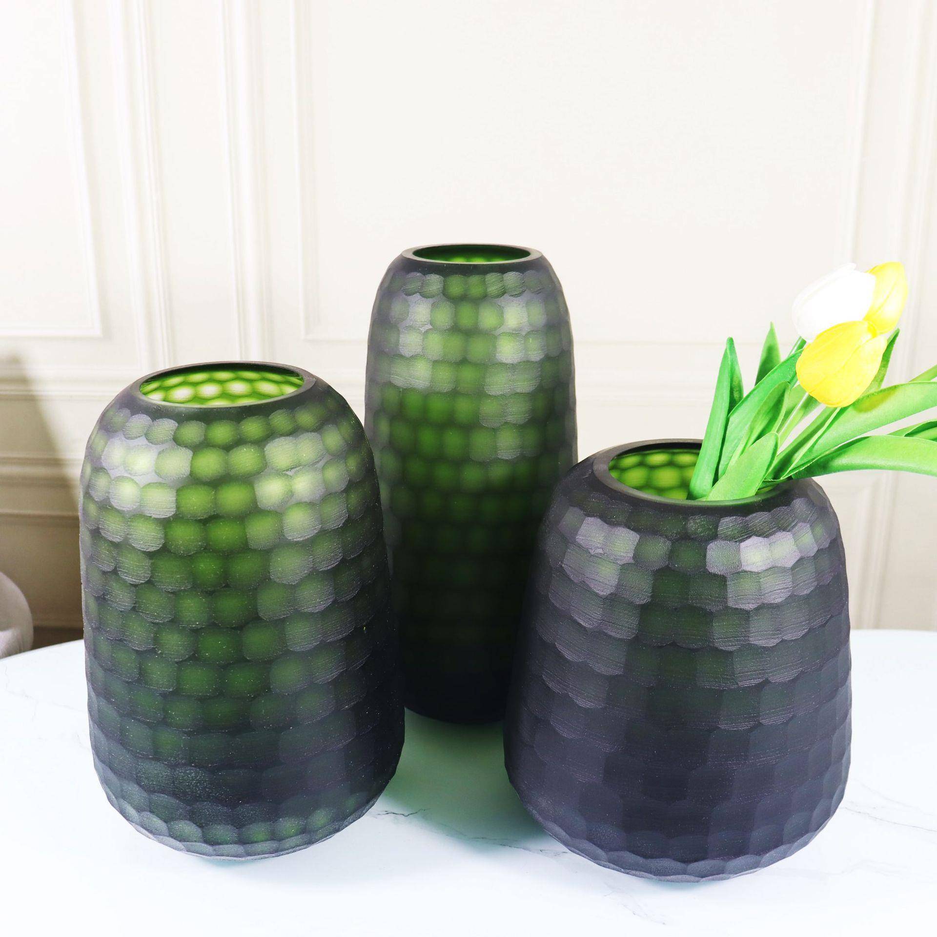 轻奢欧式磨砂玻璃大花瓶摆件落地玄关客厅样板间干花装饰品摆设