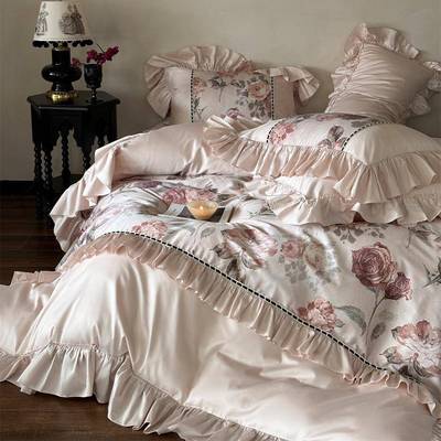 法式古典公主风澳棉四件套数码印花荷叶花边纯棉别墅款床品