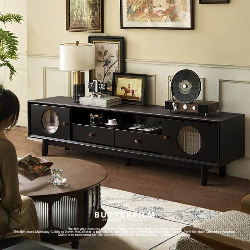 北欧实木电视柜客厅落地组合柜复古简约黑色家具储物收纳柜高矮柜