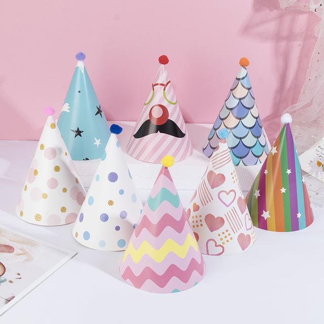 可爱卡通生日帽套装锥形 生日派对圣诞年会拍照道具纸帽 8个装