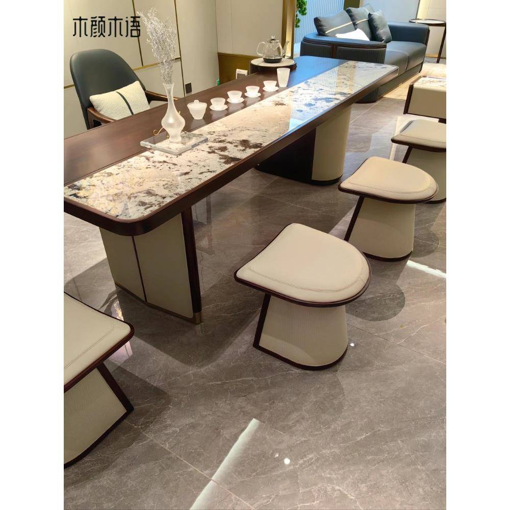 新中式板岩茶几意大利轻奢现代高端茶几黑胡桃办公实木茶几