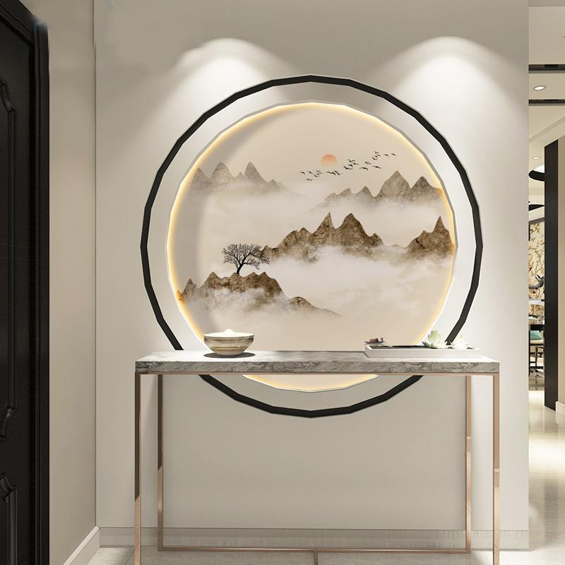 现代新中式圆形玄关装饰画客厅书房山水风景走廊过道背景墙无纺布图片