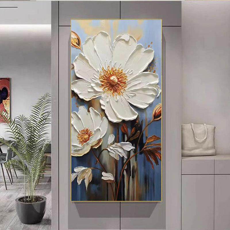 手绘花卉油画玄关装饰画轻奢立体肌理画白色花走廊过道正对门挂画