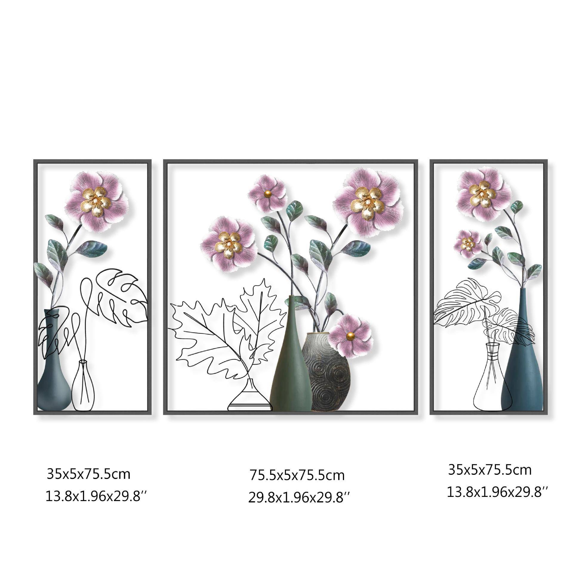 新中式花朵轻奢铁艺镂空时尚三联客厅墙面装饰画金属工艺壁饰挂件
