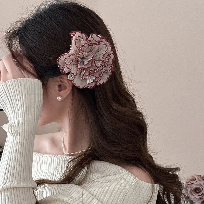 白色红边碎花抓夹女小众个性超仙褶皱花朵发夹早春新款夹头饰