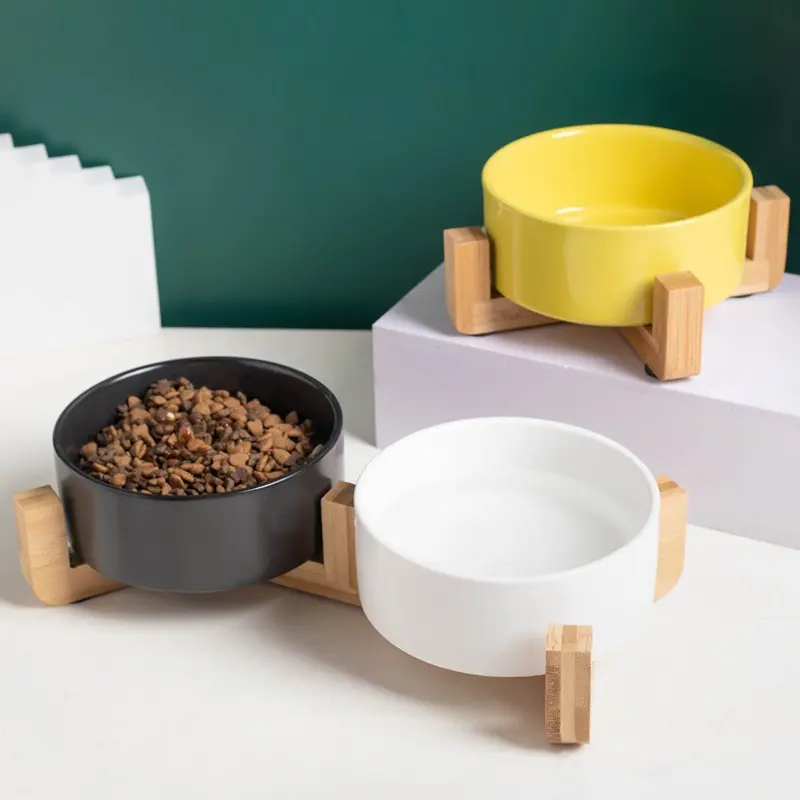 猫碗陶瓷双碗水碗一体木架防滑防打翻猫狗碗粮碗饮水碗黑色宠物碗