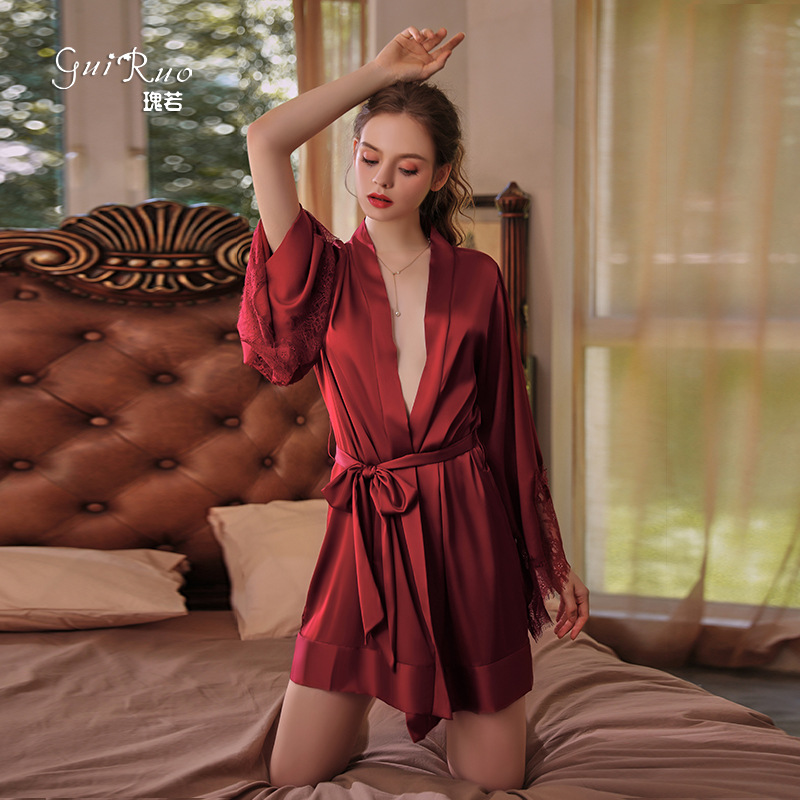 品牌春款仿真丝袖口拼接蕾丝系带睡袍浴袍家居服1001