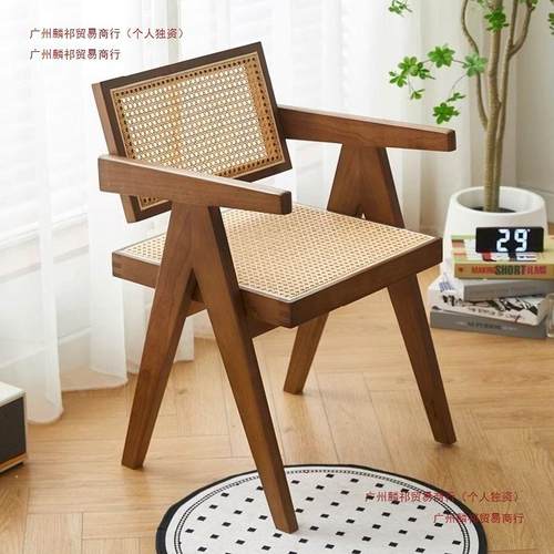 藤编子实木子餐椅家用椅日式民宿阳VDI椅台休闲北欧藤椅藤椅靠背