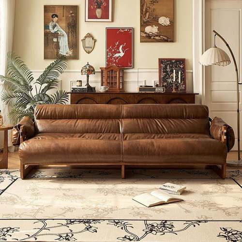 EKY法式复古224新真皮沙发客厅0头牛皮层双三人直排实木沙发小户