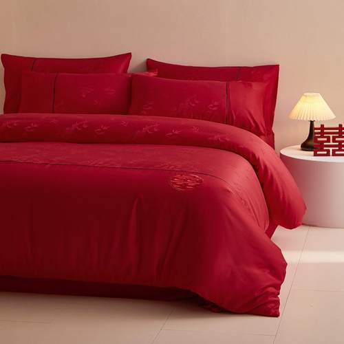 套色高档中式结婚WXX四件套大红床单被全棉纯棉新礼婚庆婚房床上